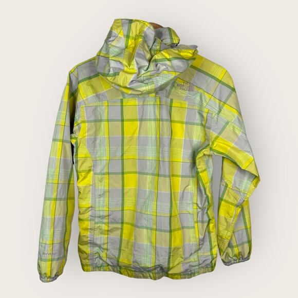 The North Face Girls 14/16 Large Hyvent Hooded Rain Jacket Yellow Plaid Check - Picture 2 of 13
